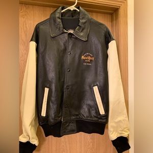 Mens large Hard Rock Cafe Las Vegas black and white leather jacket